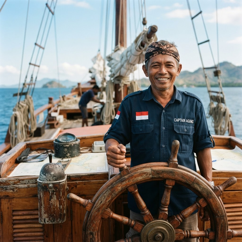 Captain Yakobus smiling at the helm of the Elbark