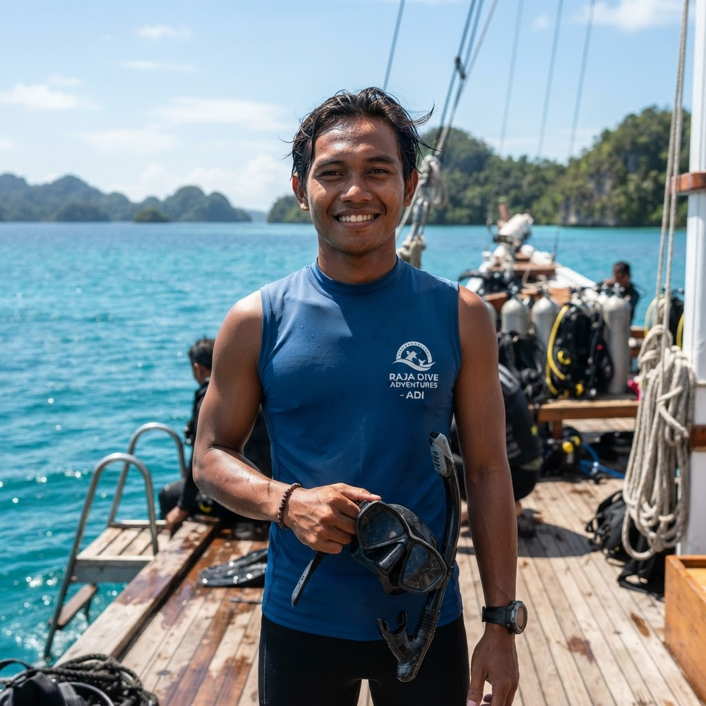 Divemaster Rendi holding a dive mask on the deck