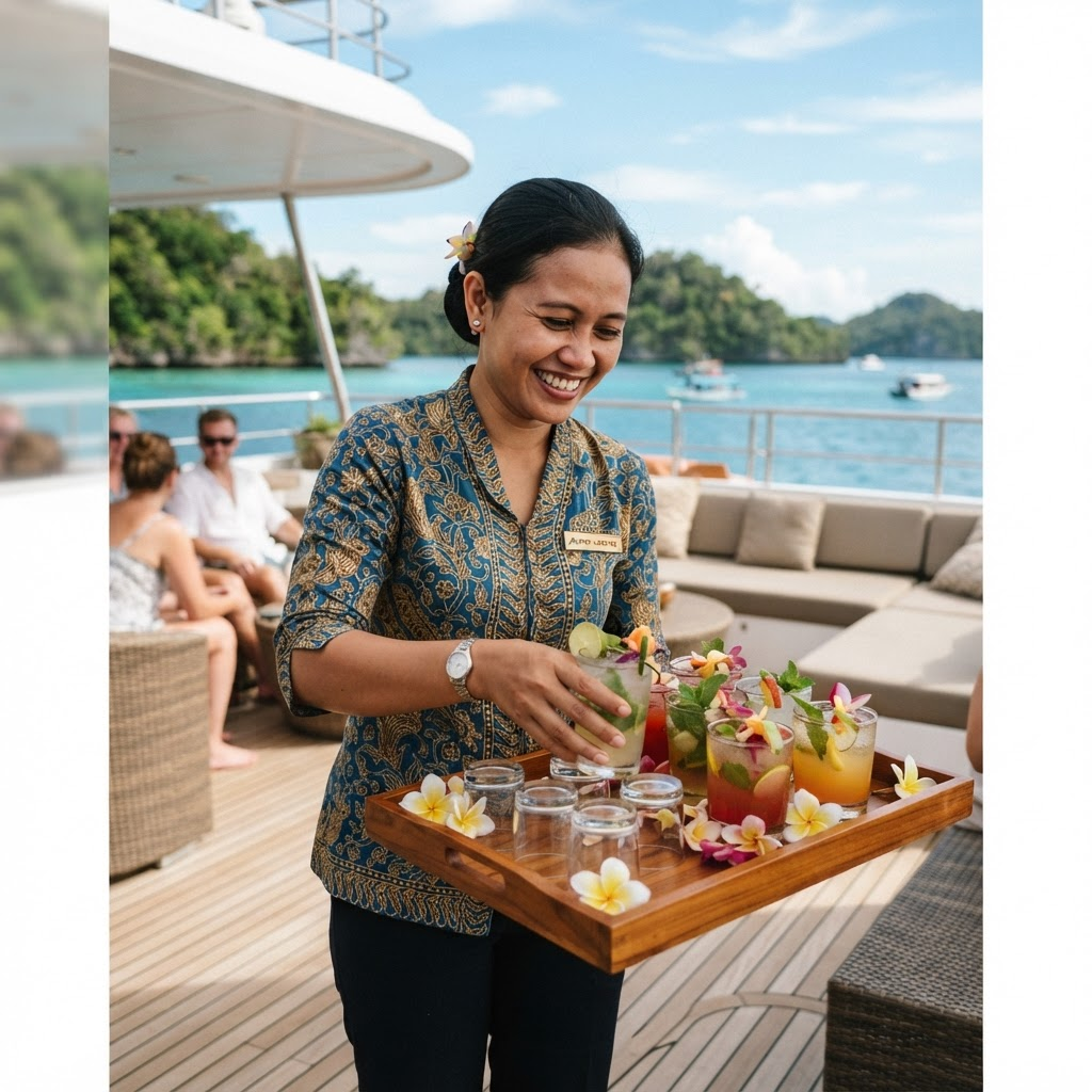 Host Ayu arranging welcome drinks on the main deck