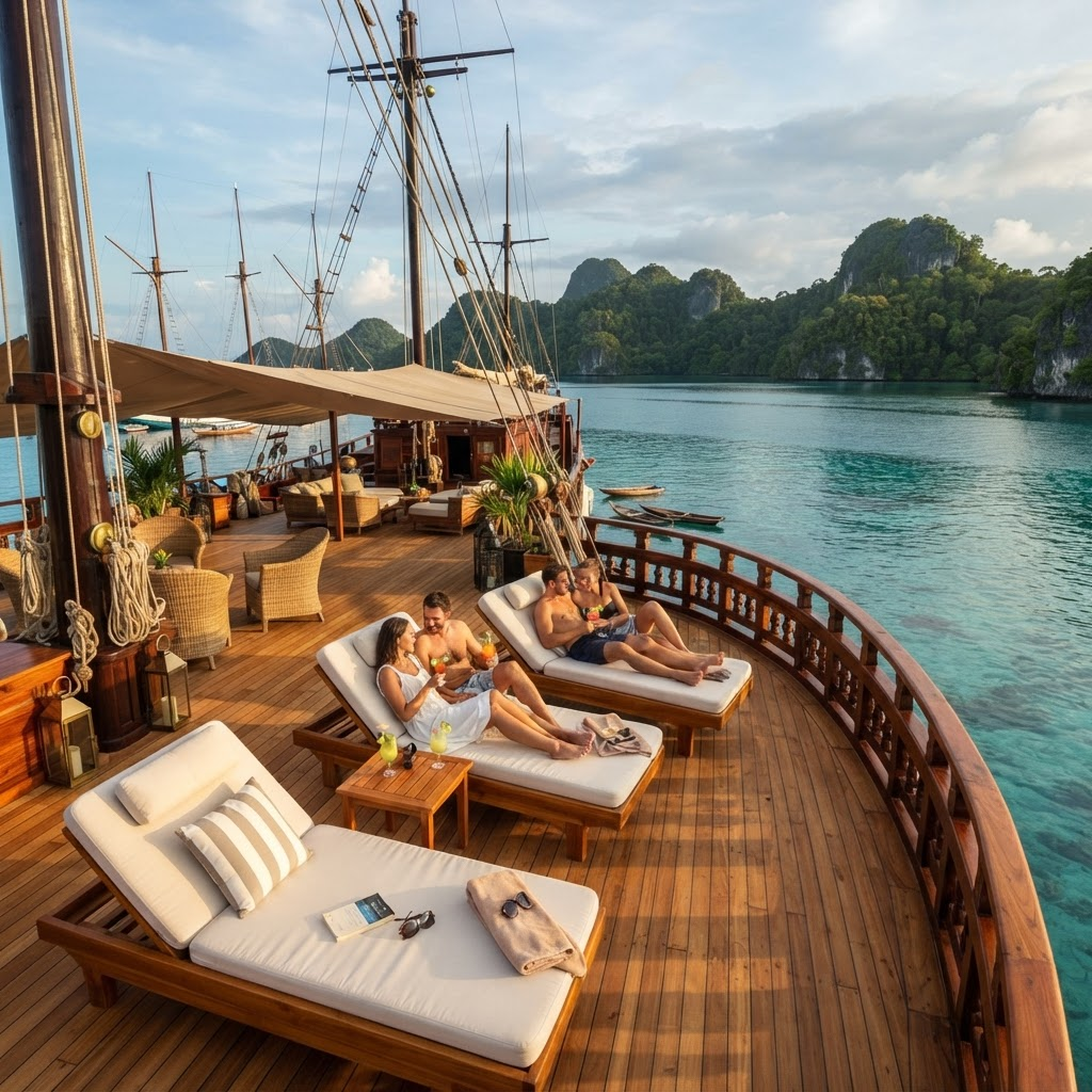 Timber sun deck with cushions and a view over calm water