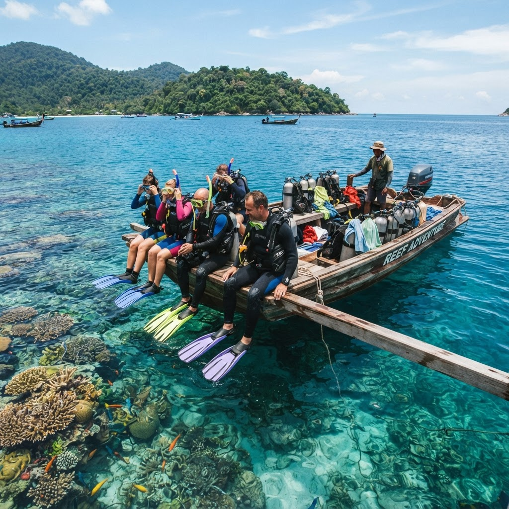 Guests preparing to dive from the tender near a reef