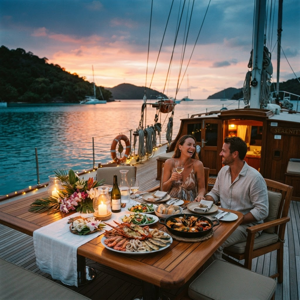Dinner served on deck at sunset with lanterns lit