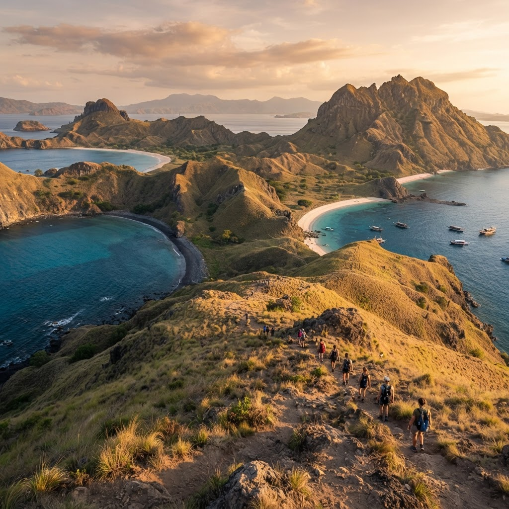 View over the three bays of Padar Island from the ridge