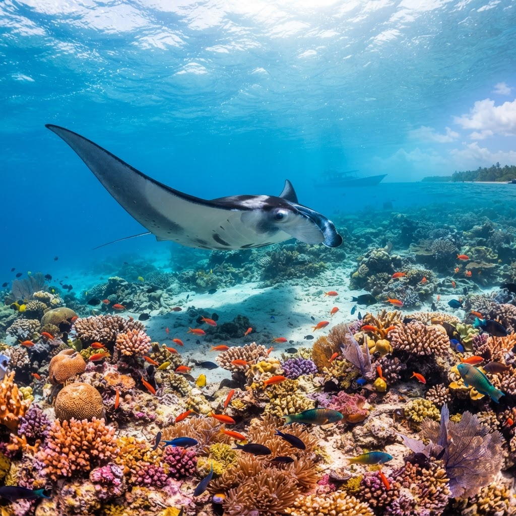 A manta ray gliding over a shallow reef in clear water