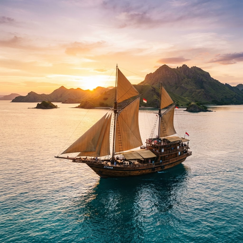 The wooden phinisi Elbark under full sail at golden hour off the Komodo islands